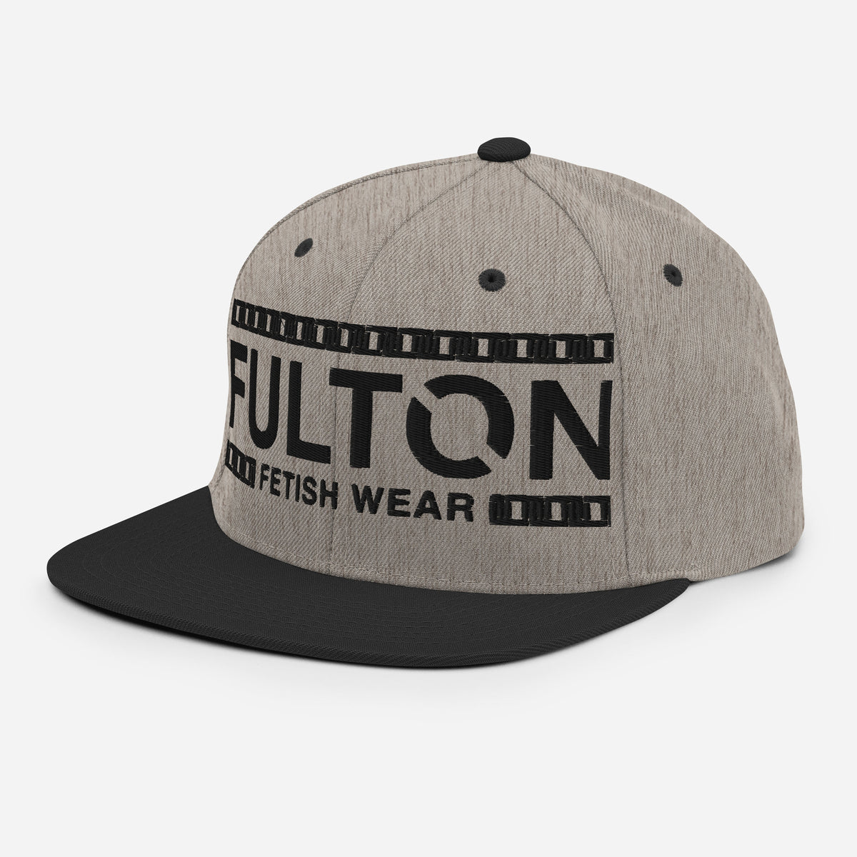 Front-left angle of FULTON Signature 03 grey snapback hat with black chain and lettering embroidery