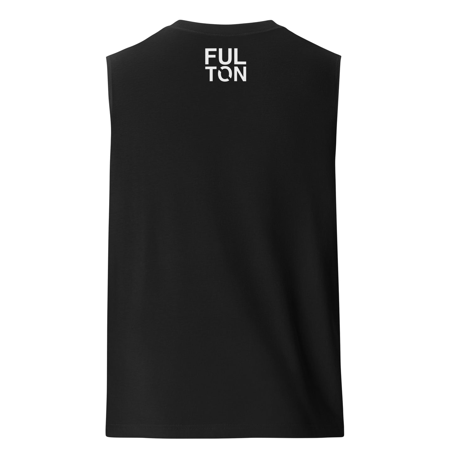 Black sleeveless shirt with 'FULTON' printed on the back against a white background