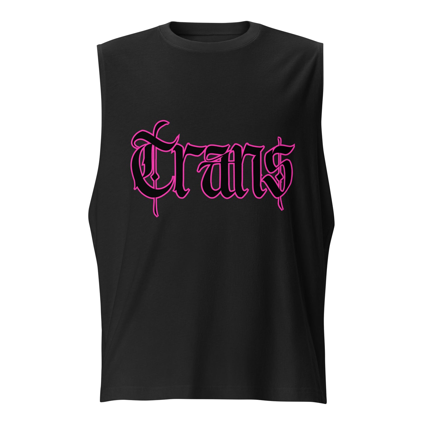 Black sleeveless shirt with pink 'Trans' text on a white background