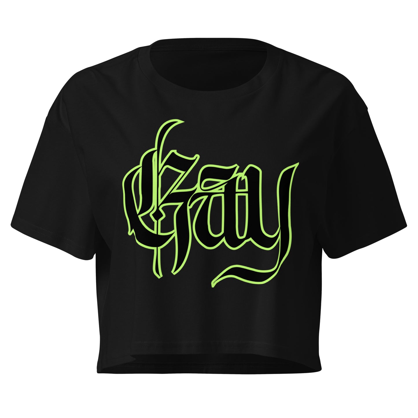 Black crop top with green graphic design on a white background