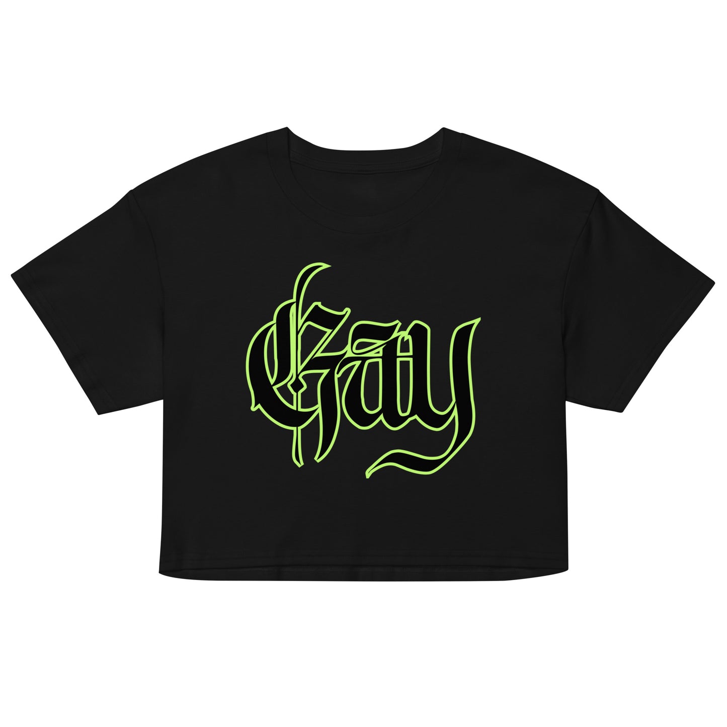 Black crop top with green logo on a white background