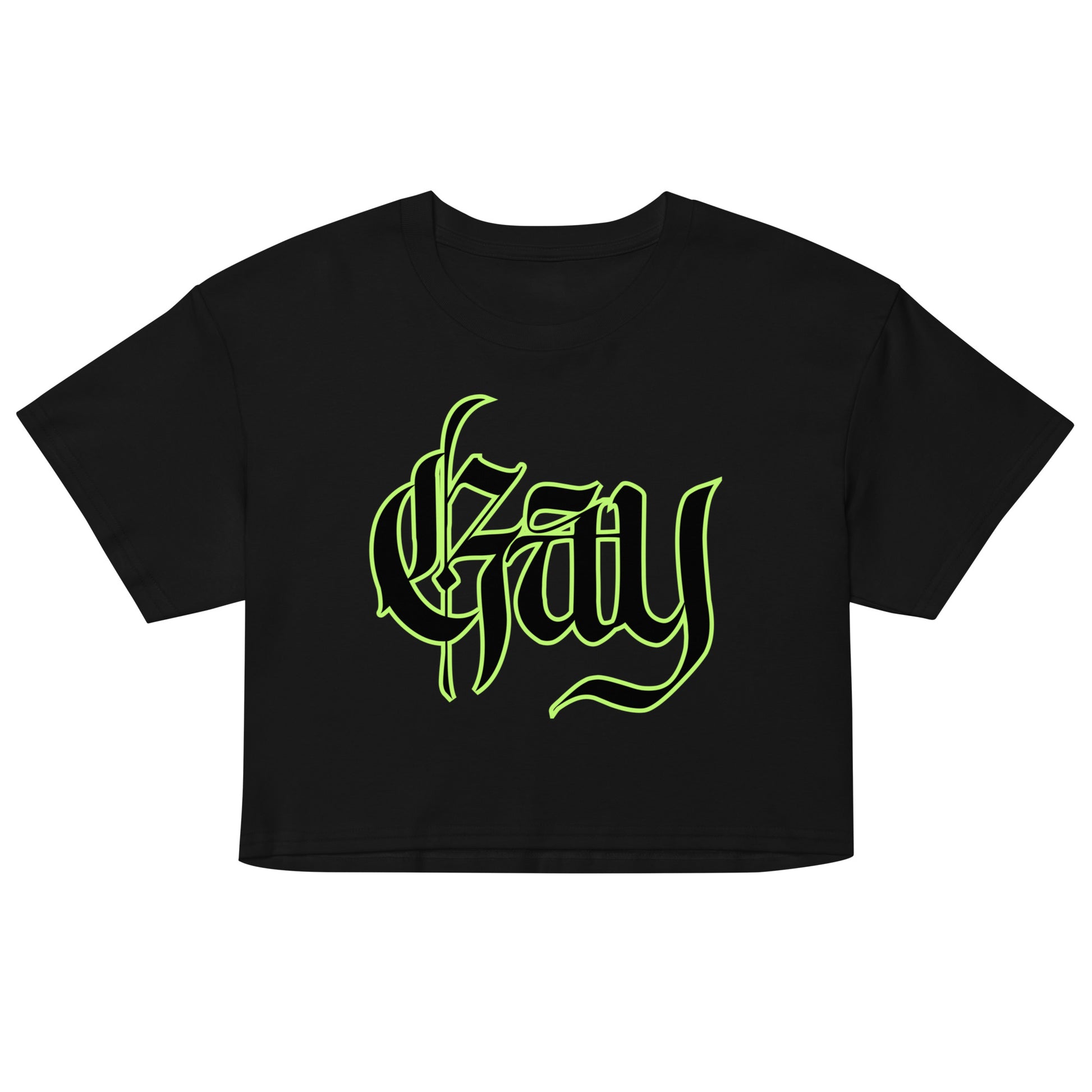 Black crop top with green logo on a white background