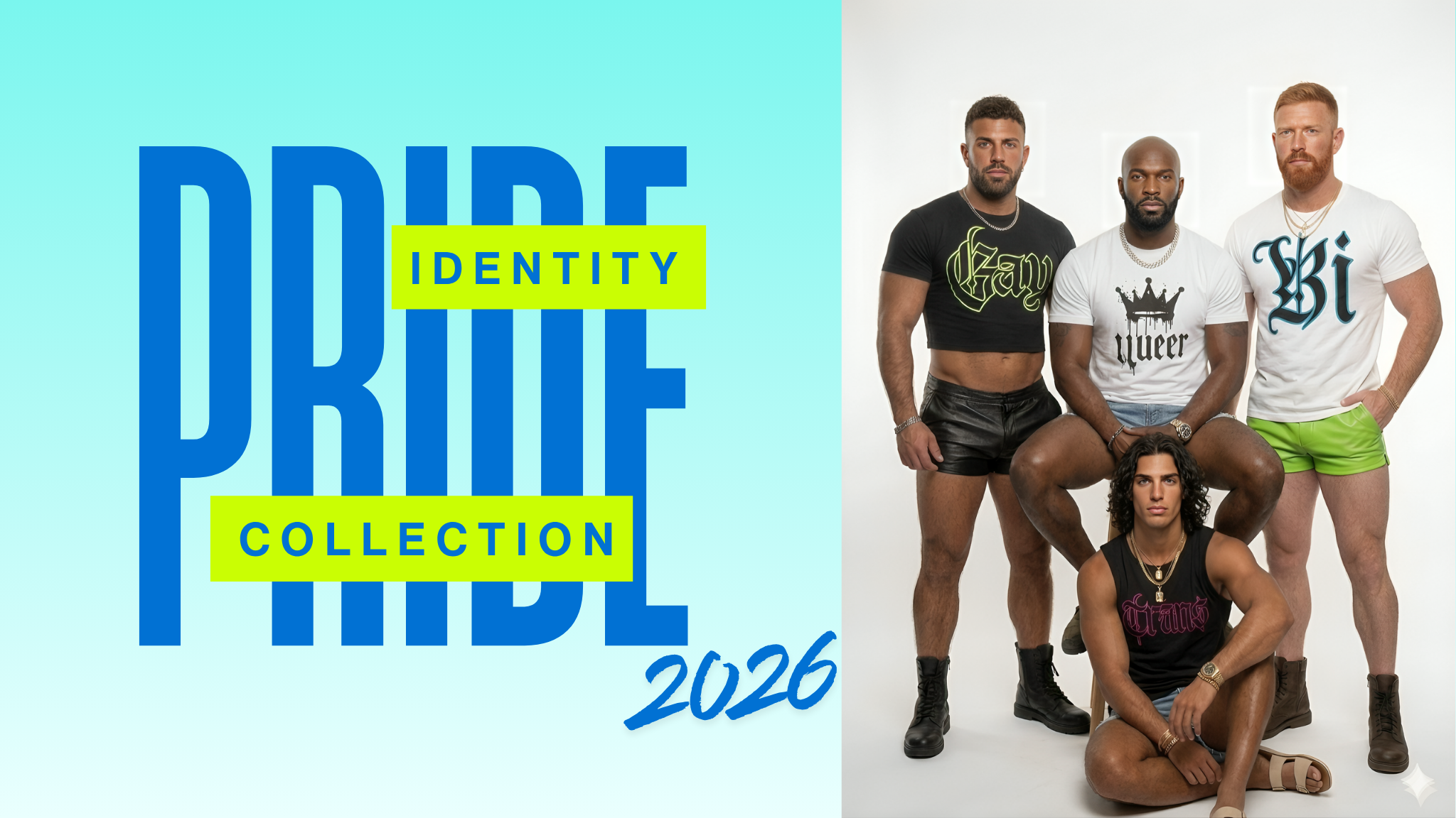 Promotional image for 'Pride Identity Collection 2026' with models wearing branded clothing.