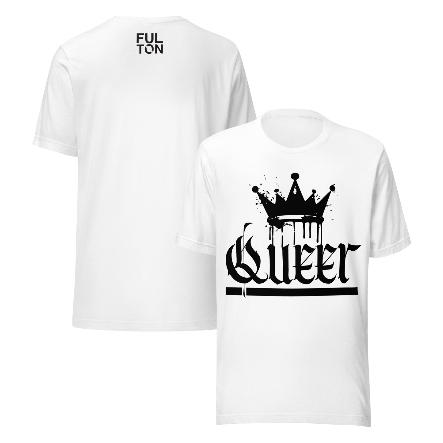 White t-shirt with crown paired with the 'QUEER' design and 'FULTON' text on the back.red 