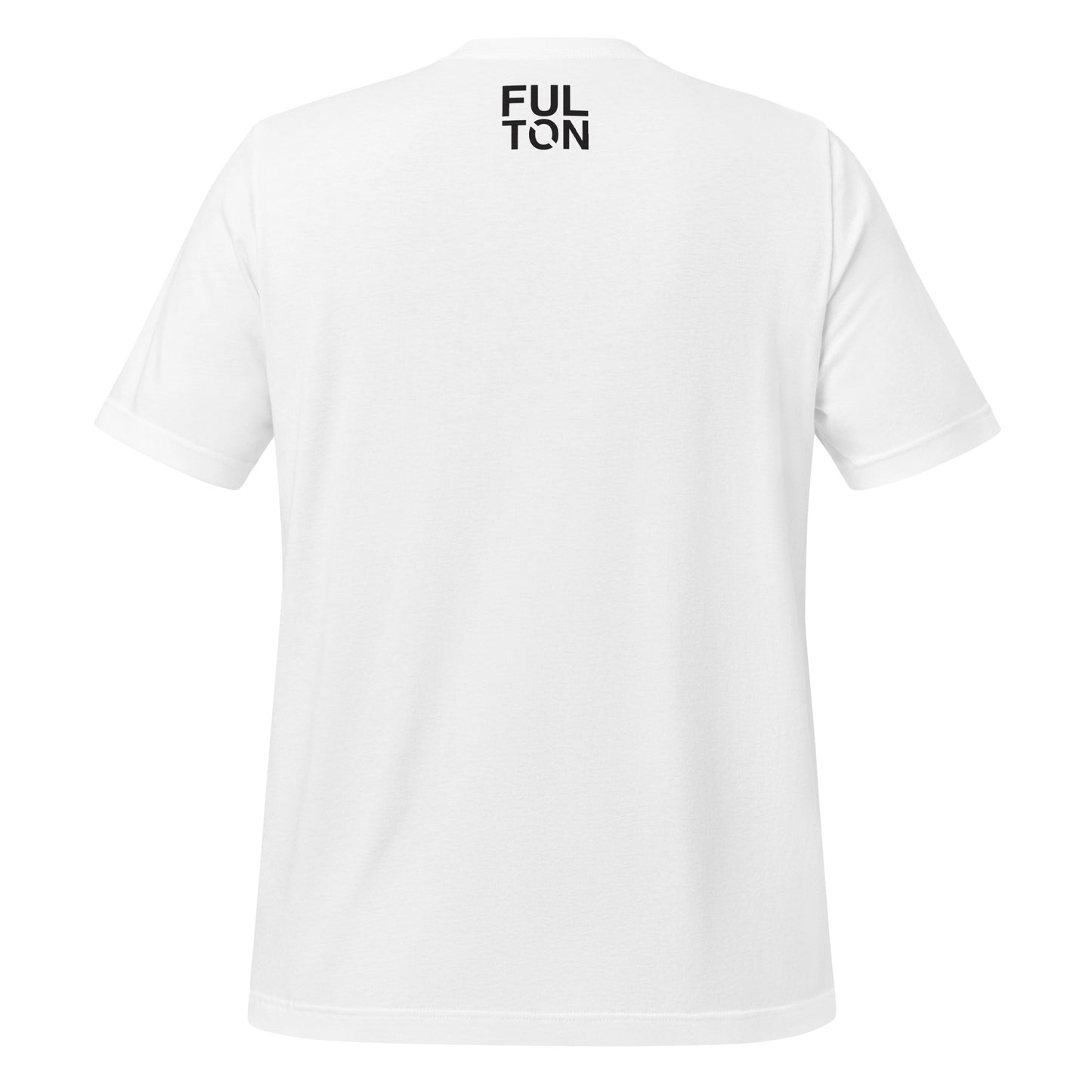 White t-shirt with a small FULTON logo on the back against a white background