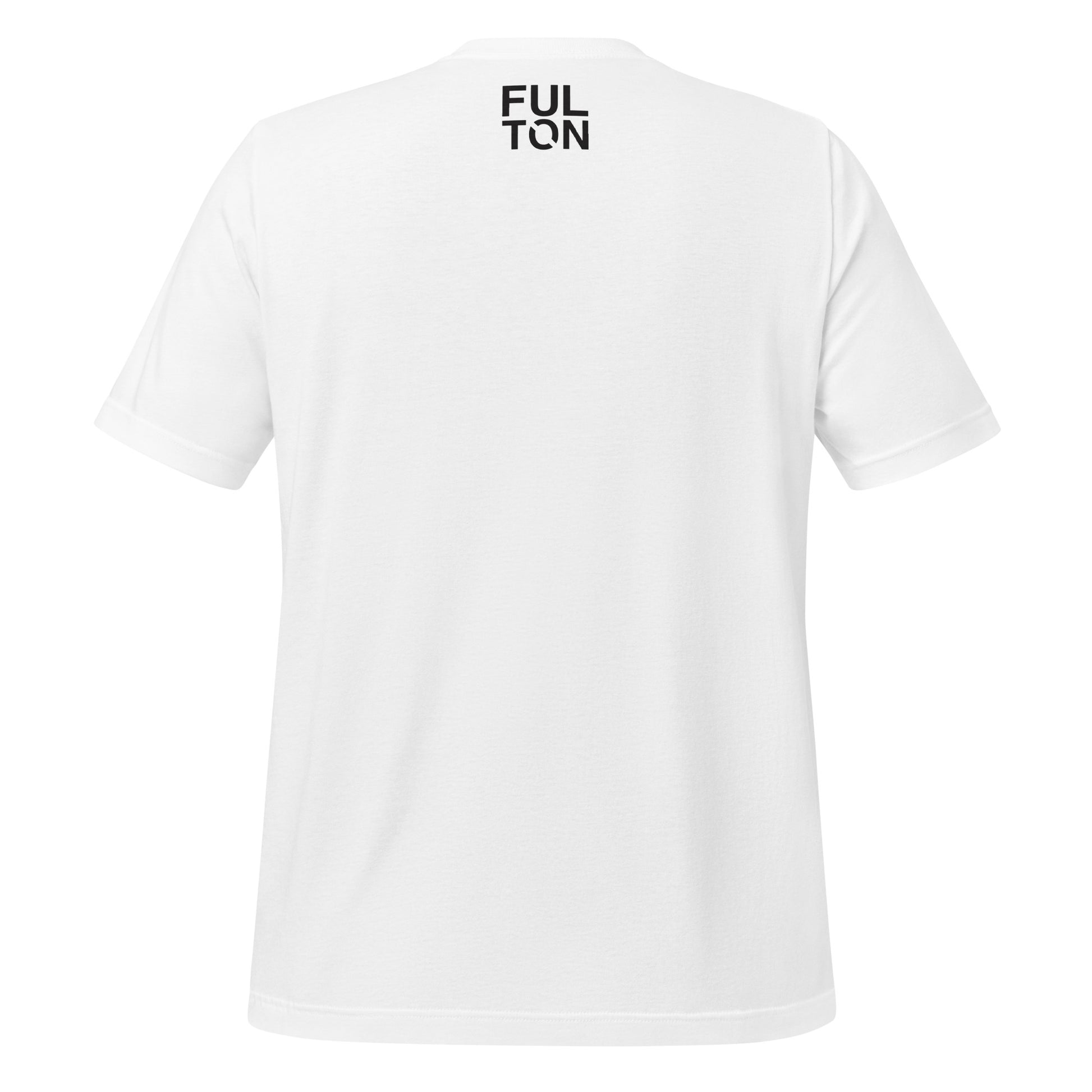 White t-shirt with a small FULTON logo on the back against a white background
