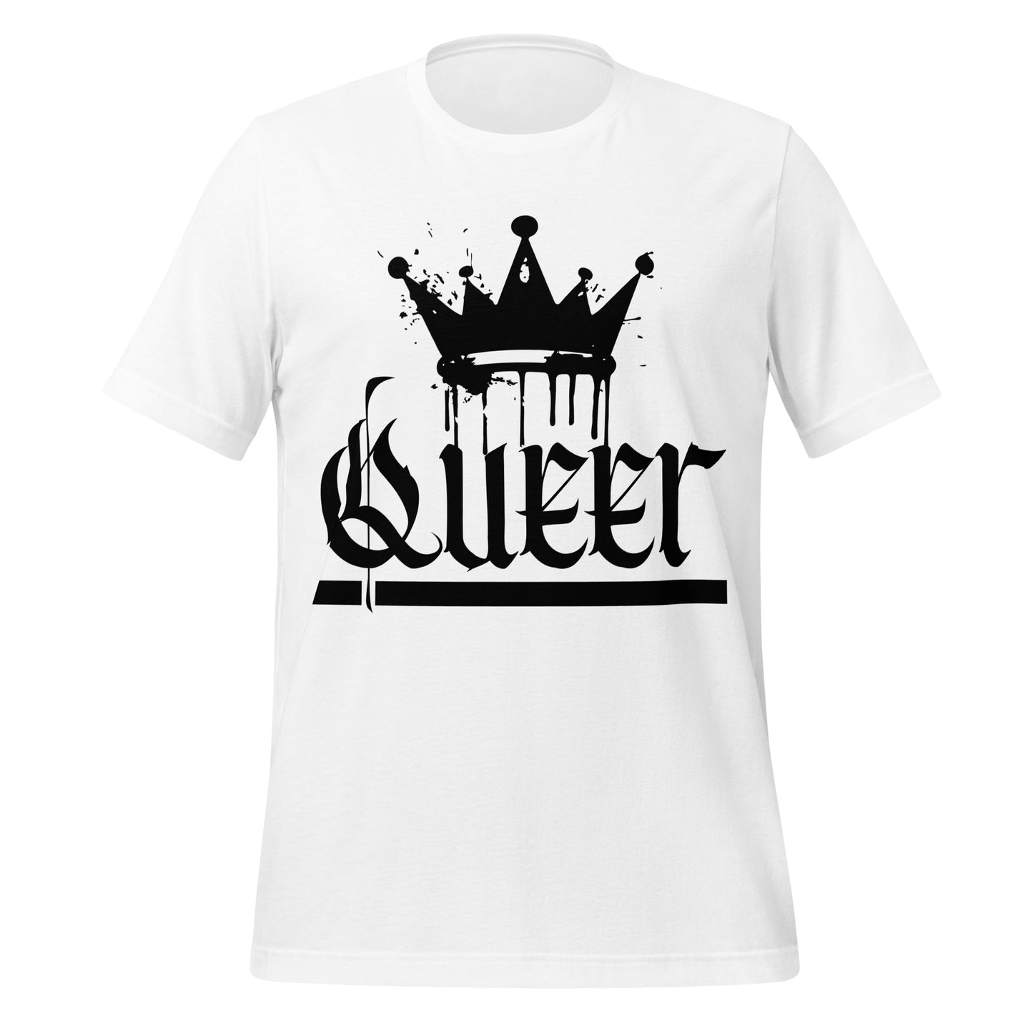 White t-shirt with black crown and 'Queer' text design on a white background