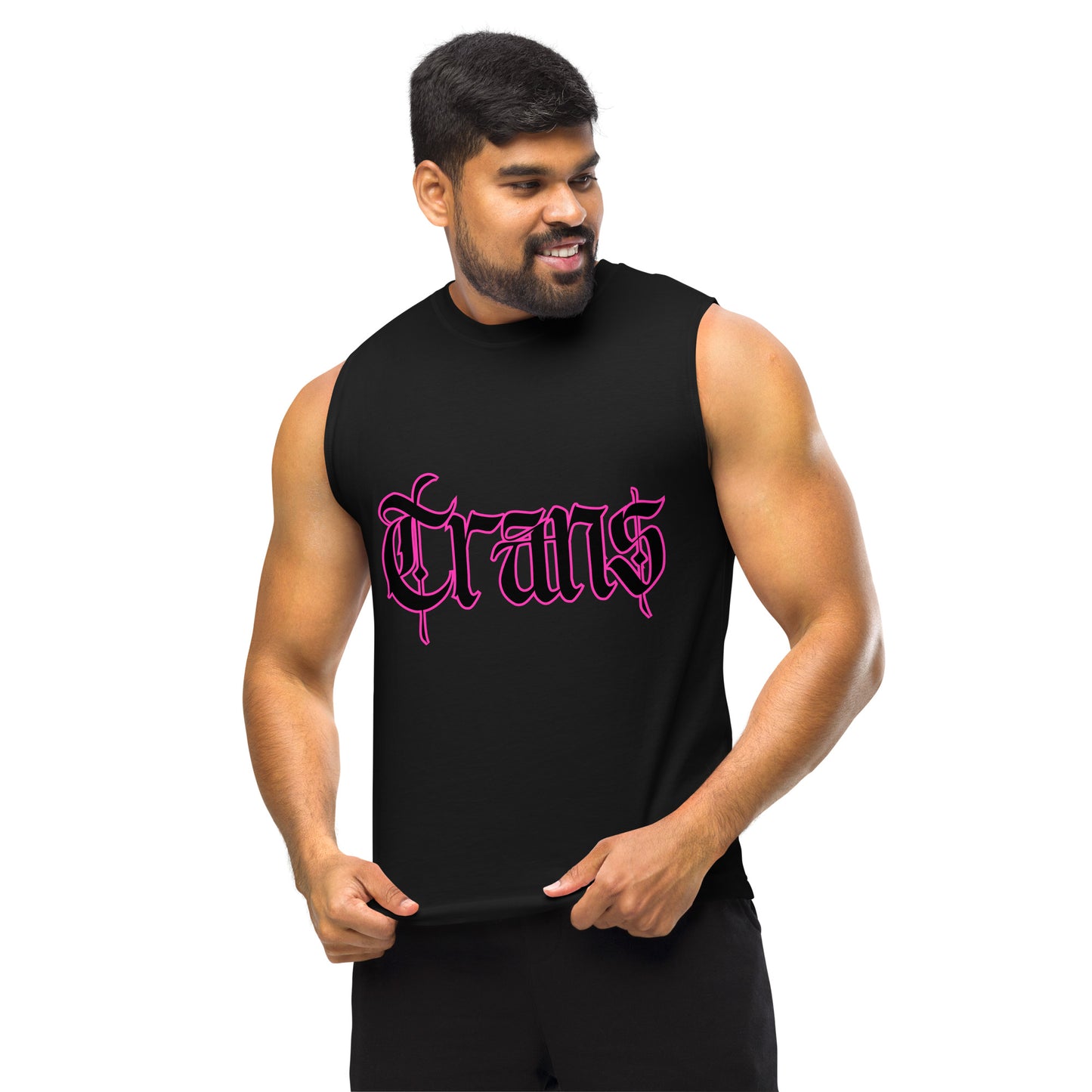 Man wearing a black sleeveless shirt with a colorful 'TRANS" design on a white background
