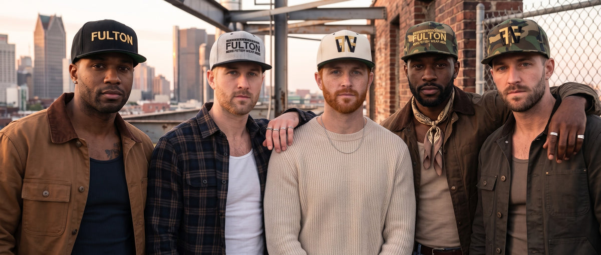 Five men wearing FULTON Signature snapback hats in black, grey, cream and camouflage on a rooftop with a city skyline.